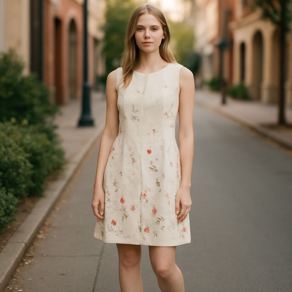 VTG Leslie Fay Dresses Petite Linen Blend Sz M ? S? Floral Sleeveless Fitted EUC